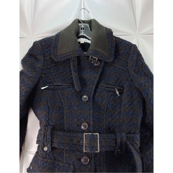 Laundry by Shelli Segal Womens Sz 6 Long Blue Tweed Houndstooth Wool Belted Coat - Picture 5 of 11